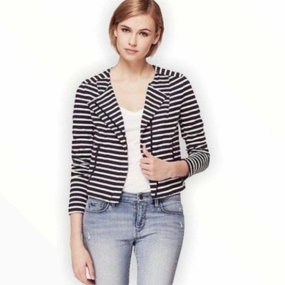 LOFT Black and Tan Striped Moto Blazer